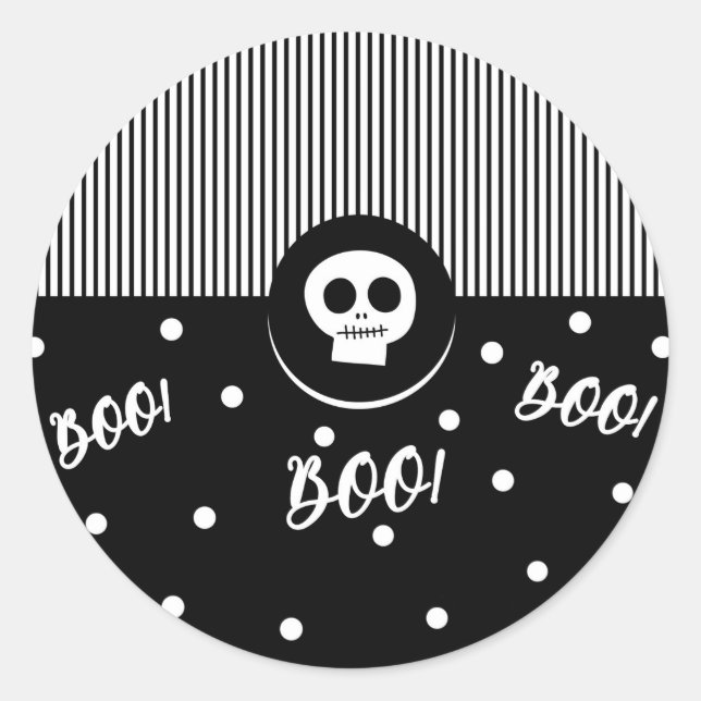 Sticker Rond Fête Blanc & Noir Crâne Fou Fou Halloween (Devant)