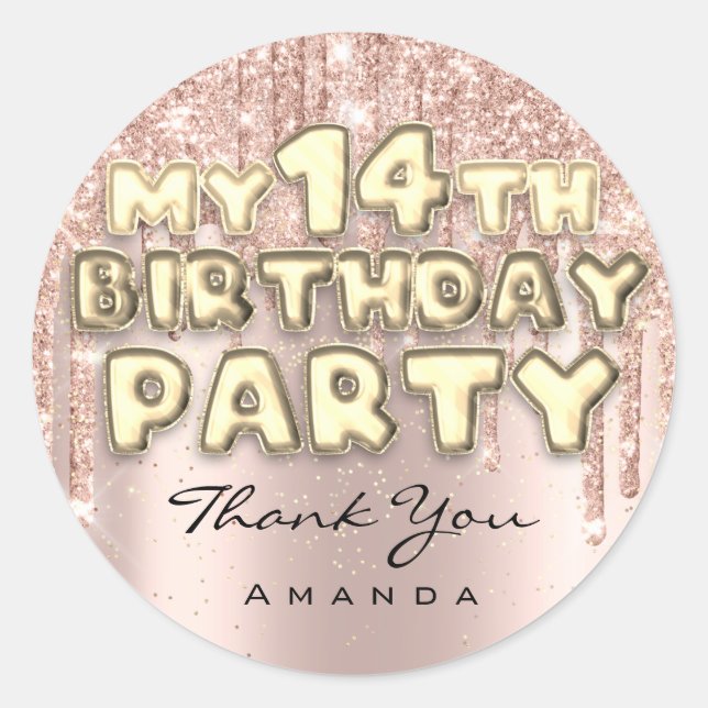 Sticker Rond Fête d'anniversaire 14 ans Glitter Drips Rose (Devant)