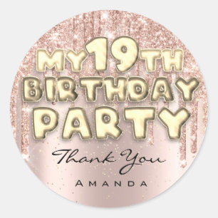 Sticker Rond Fête d'anniversaire 19 ans Glitter Drips Rose