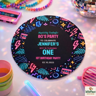Sticker Rond Fête d'anniversaire 1ère Moderne Rétro Néon 80