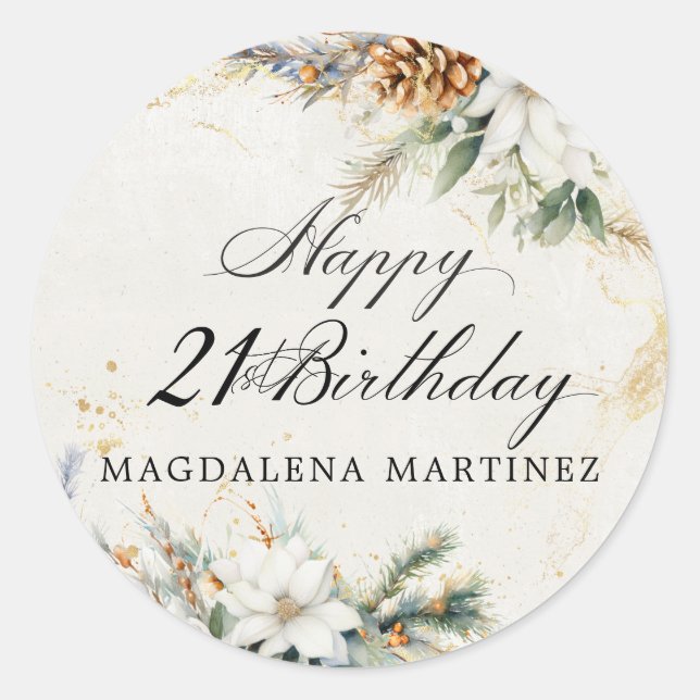 Sticker Rond Fête d'anniversaire 21 ans personnalisée fleurs bl (Devant)