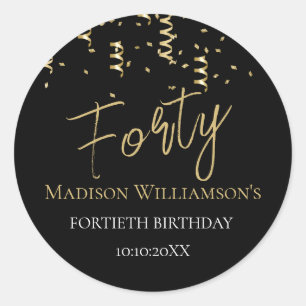 Sticker Rond Fête d'anniversaire 40 ans minimaliste noir et or 