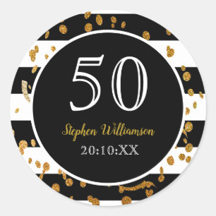 Sticker Rond Fête d'anniversaire 50 ans Paillettes noires blan