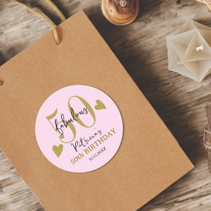 Sticker Rond Fête d'anniversaire 50 ans rose et or Fifty & Fabu