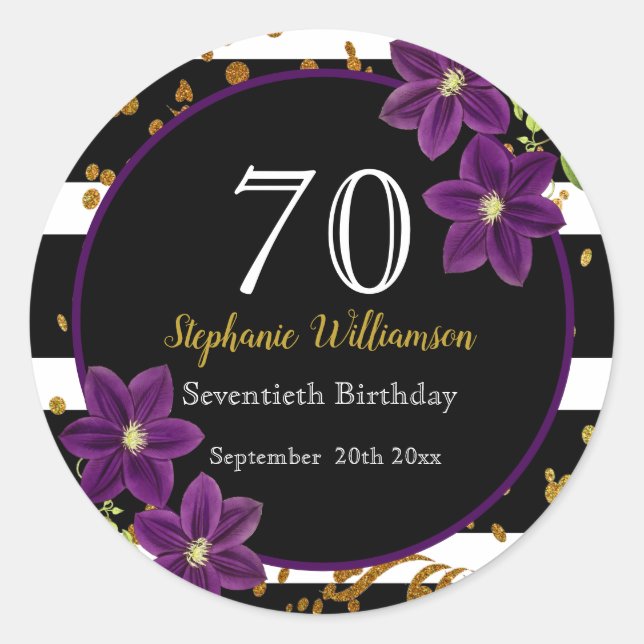 Sticker Rond Fête d'anniversaire 70 ans| Paillettes noires et d (Devant)