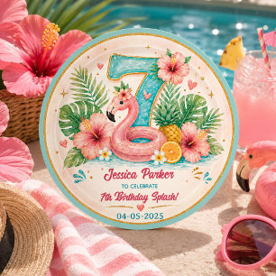 Sticker Rond Fête d'anniversaire 7 ans au bord de la piscine au