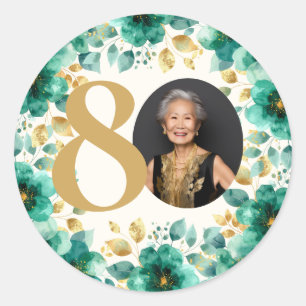 Sticker Rond Fête d'anniversaire 80 ans aux fleurs vert émeraud
