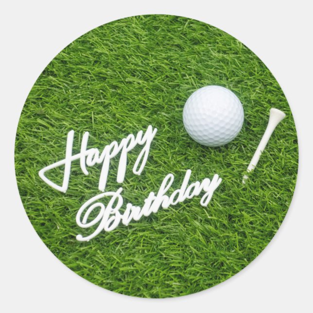 Sticker Rond Fête d'anniversaire avec balle et tee on green (Devant)