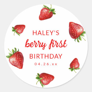 Sticker Rond Fête d'anniversaire bébé 1ère fraise aquarelle rou