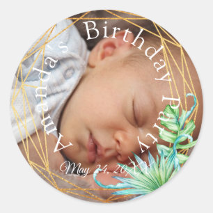 Sticker Rond Fête d'anniversaire bébé tropical or photo