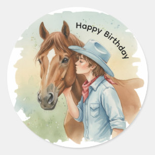 Sticker Rond Fête d'anniversaire Blue Cowboy embrassant un chev