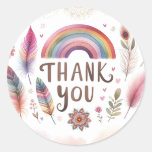 Sticker Rond Fête d'anniversaire bohème aux plumes à l'aquarell