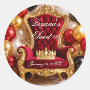 Sticker Rond Fête d'anniversaire Couronne d'Or Chaise Royale