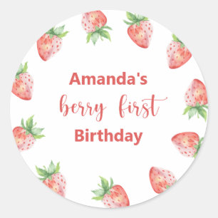 Sticker Rond Fête d'anniversaire de 1 an à l'aquarelle fraises