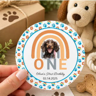Sticker Rond Fête d'anniversaire de 1 an avec un chien adorable