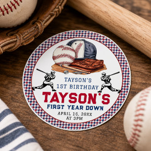 Sticker Rond Fête d'anniversaire de 1 an de baseball First Year
