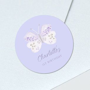 Sticker Rond Fête d'anniversaire de 1 an Papillon Aquarelle Lav