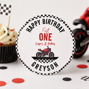 Sticker Rond Fête d'anniversaire de 1 an pour garçon moto de co