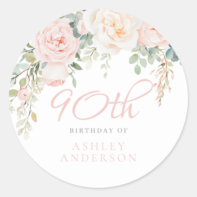 Sticker Rond Fête d'anniversaire de 90 ans Blush & Sage Elegant (Devant)