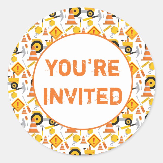 Sticker Rond Fête d'anniversaire de construction Vous êtes invi (Devant)