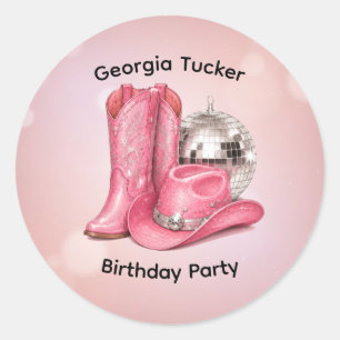 Sticker Rond Fête d'anniversaire de cowgirl disco rose