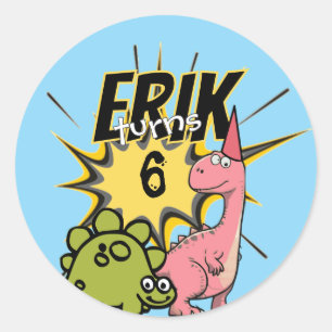 Sticker Rond Fête d'anniversaire de dinosaure de dessin animé R
