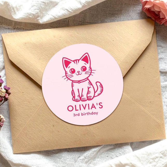 Sticker Rond Fête d'anniversaire de fille avec chaton de couleu (Créateur téléchargé)