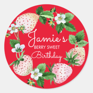 Sticker Rond Fête d'anniversaire de fraises à l'aquarelle rouge