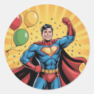 Sticker Rond Fête d'anniversaire de garçons super-héros