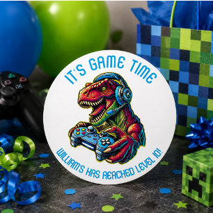 Sticker Rond Fête d'anniversaire de jeu vidéo dinosaure