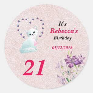 Sticker Rond Fête d'anniversaire de Kitten et Butterfly