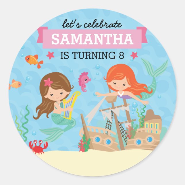 Sticker Rond Fête d'anniversaire de la sirène (Devant)