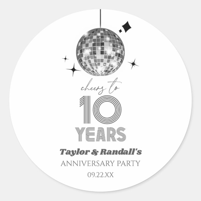 Sticker Rond Fête d'anniversaire de mariage Disco Cheers 10 Ans (Devant)