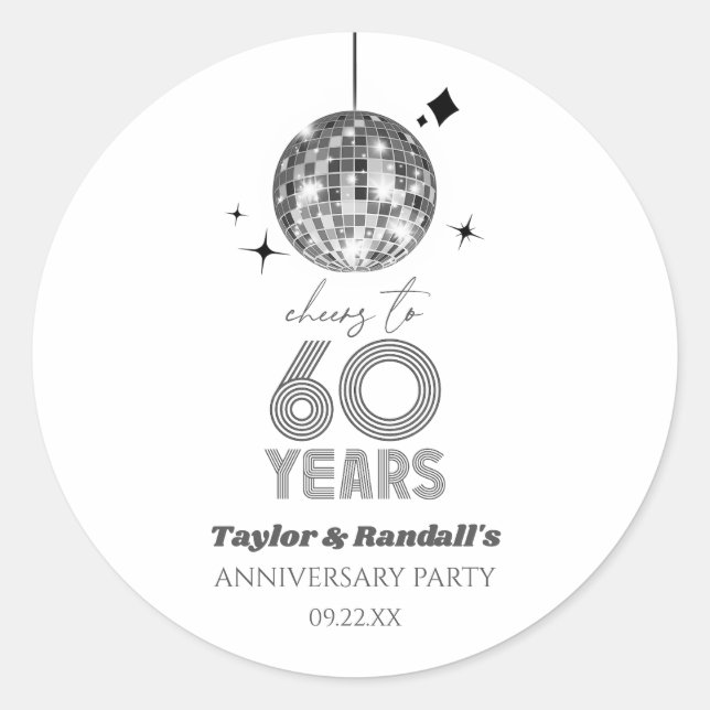 Sticker Rond Fête d'anniversaire de mariage Disco Cheers 60 ans (Devant)
