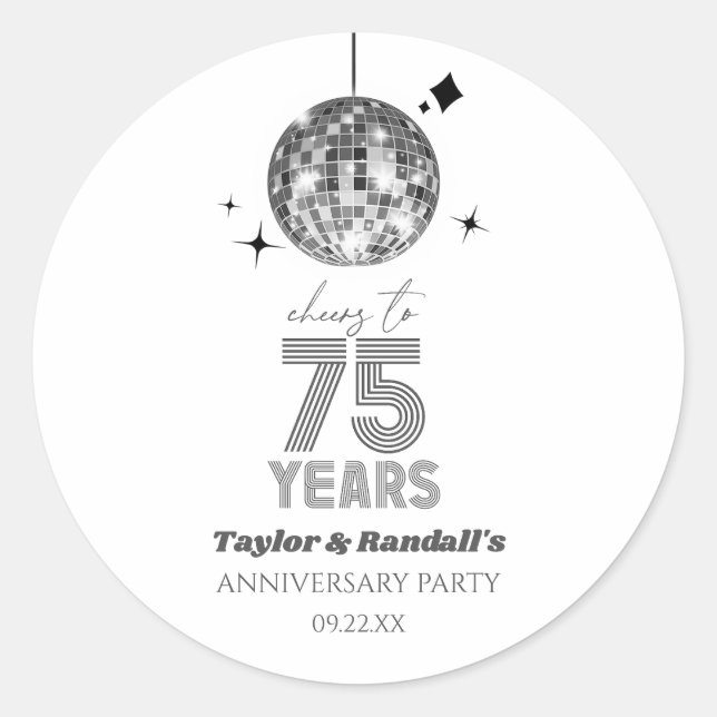 Sticker Rond Fête d'anniversaire de mariage Disco Cheers 75 Ans (Devant)