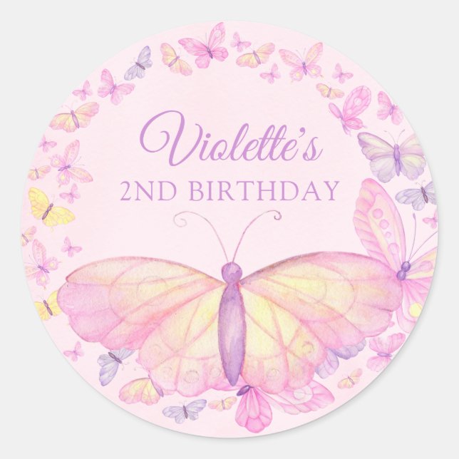 Sticker Rond Fête d'anniversaire de papillon rose et pourpre (Devant)