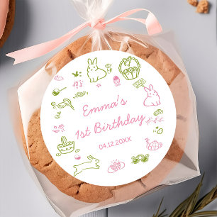 Sticker Rond Fête d'anniversaire de Pâques rose et verte 1 an