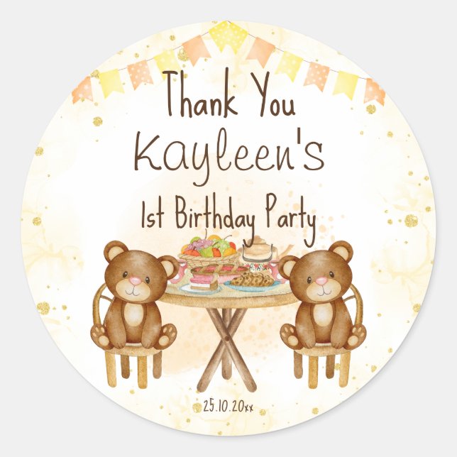 Sticker Rond fête d'anniversaire de pique-nique nounours (Devant)
