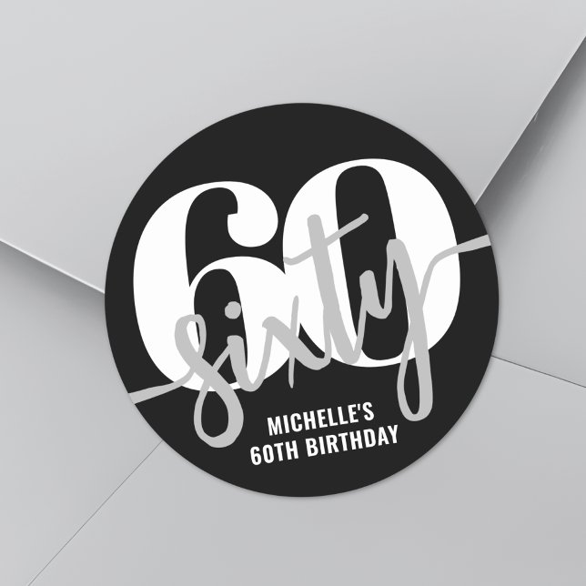 Sticker Rond Fête d'anniversaire des 60 ans noir moderne (Modern Black 60th Birthday Party Classic Round Sticker)