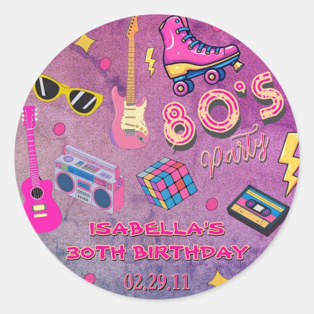 Sticker Rond Fête d'anniversaire des années 80 Retro rose viole (Devant)