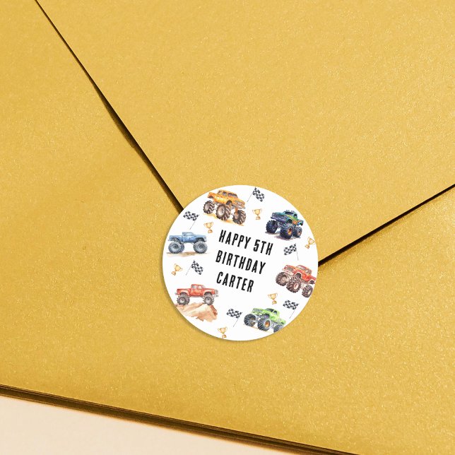 Sticker Rond Fête d'anniversaire des Enfants Monster Trucks (Créateur téléchargé)