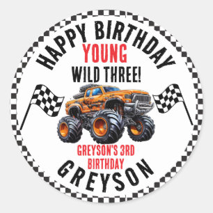 Sticker Rond Fête d'anniversaire des Enfants Monster Trucks