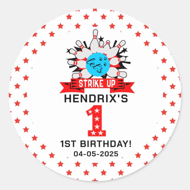Sticker Rond Fête d'anniversaire des enfants Retro Bowling 1er  (Devant)