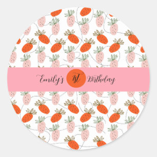 Sticker Rond Fête d'anniversaire doodle fraises rose blanc
