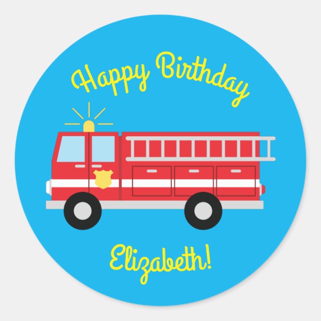 Sticker Rond Fête d'anniversaire du camion d'incendie (Devant)