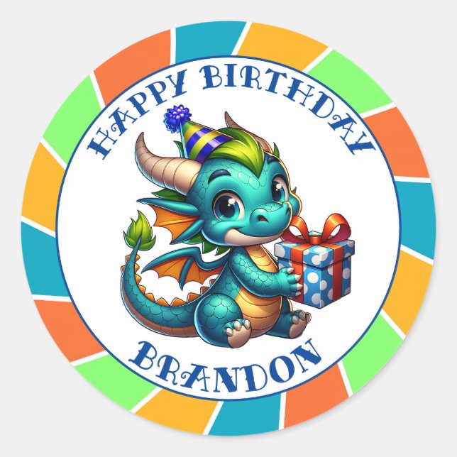 Sticker Rond Fête d'anniversaire du garçon à thème Dragon (Devant)