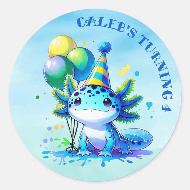 Sticker Rond Fête d'anniversaire du garçon Axolotl bleu et vert (Devant)