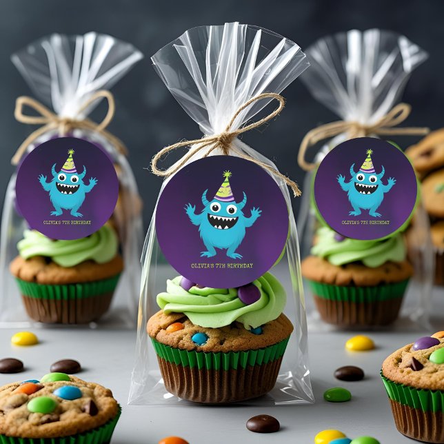 Sticker Rond Fête d'anniversaire du mignon Monster Blue (Créateur téléchargé)