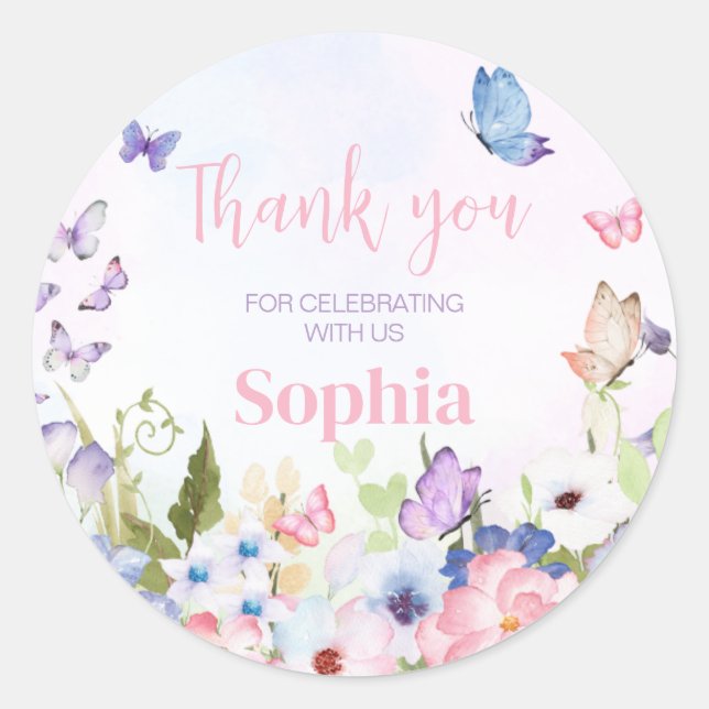 Sticker Rond Fête d'anniversaire du petit papillon floral (Devant)