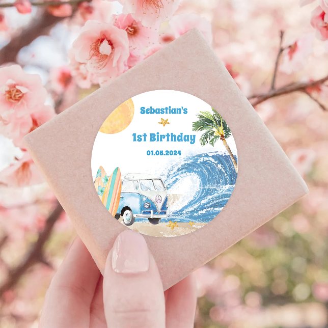Sticker Rond Fête d'anniversaire du surf de plage (Créateur téléchargé)